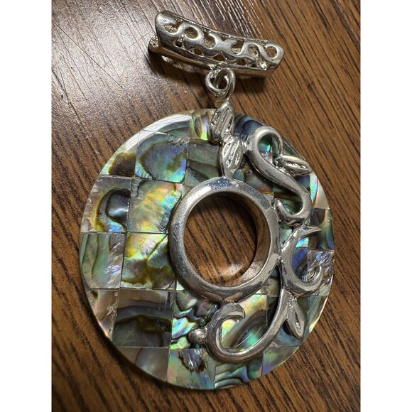 Abalone Removable Ornate Donut Pendant Silver Tone Vintage For Necklace - Picture 2 of 8